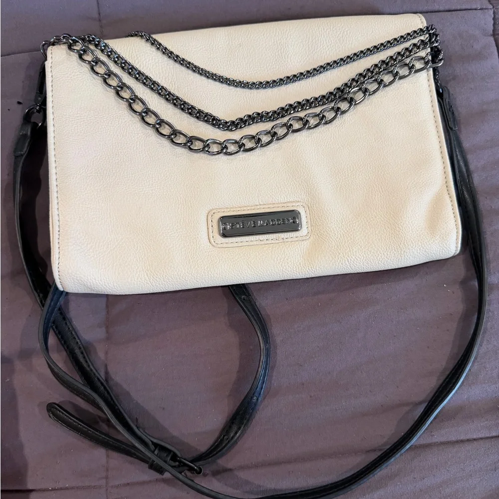 Steve Madden Cream Crossbody with Black Trim and Gunmetal Chain